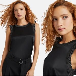 cinq a sept Black Satin Sleeveless Top with Beaded Trim